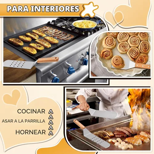 Vista 5 de HaSteeL - Juego de 4 espátulas de metal de acero inoxidable con mango remachado de madera, kit de accesorios de parrilla profesional para teppanyaki