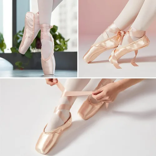 Vista 3 de Zapatos de punta de satén para niñas y mujeres, zapatos de ballet profesionales con cinta para la escuela o el hogar (elige una talla más grande)