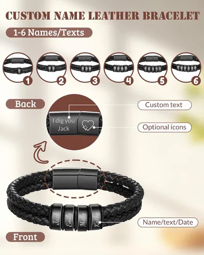 Vista 2 de Pulsera personalizada con nombre con 1-6 nombres, pulseras personalizadas de cuero trenzado grabado para hombres, regalos para Navidad, día de San