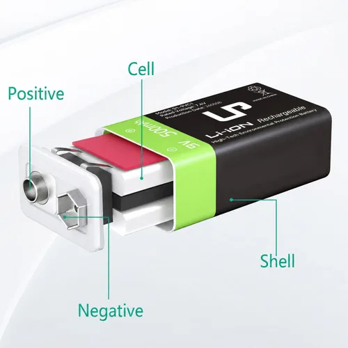Vista 2 de LP Paquete de baterías recargables de 9V, paquete de 2 unidades, 800mAh de iones de litio, 9 voltios, batería USB con puerto de carga Micro USB