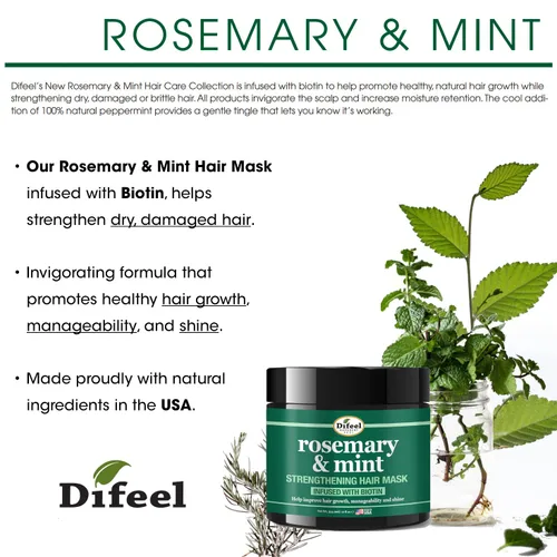 Vista 2 de Difeel Mascarilla fortalecedora para el crecimiento del cabello con aceite de romero natural y biotina, 12 oz.