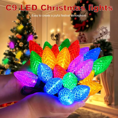 Vista 3 de Luces de Navidad C9 LED para exterior, 50 LED, 32 pies, luces de cadena C9 para bombillas de fresa de Navidad, enchufables, conectables
