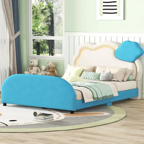 Vista 15 de Cama de plataforma tapizada de tamaño individual con cabecero en forma de oso y rayas de luz incrustadas, bonito marco de cama de plataforma