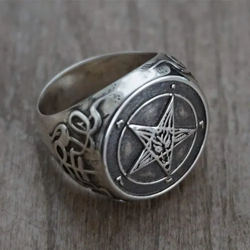 Vista 4 de Anillo de sello vintage para hombre, anillo de pentagrama, anillo de acero inoxidable de Baphomet, anillo gótico satánico, anillo punk