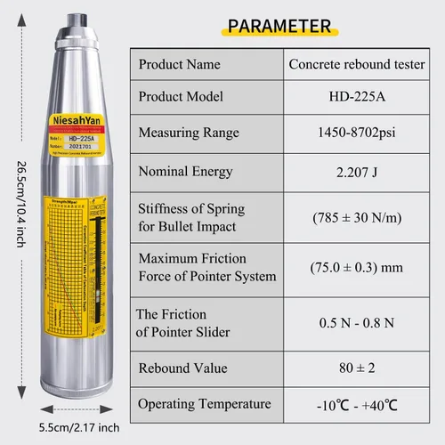 Vista 8 de HD-225A - Probador profesional de martillo de rebote de hormigón, herramienta de medidor de prueba de resiliómetro portátil con rango de 10-60