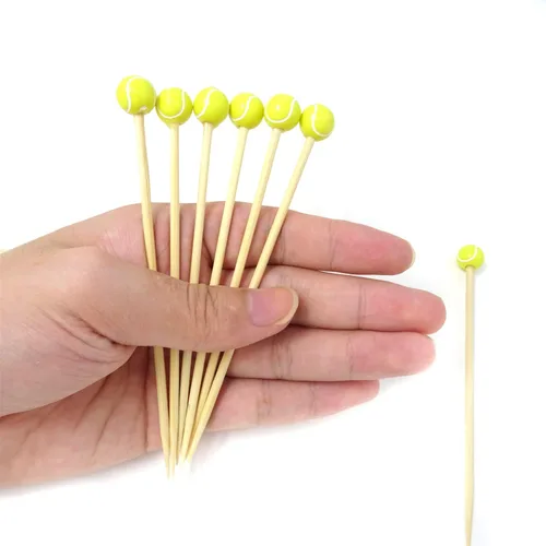 Vista 3 de Honbay 100 piezas decorativas de bola deportiva para cóctel, tenis, bambú, frutas, palillos de madera para cóctel, para aperitivos, recuerdos