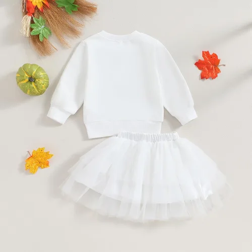 Vista 4 de Falda de Halloween para niña pequeña, disfraz de fantasma para bebé, sudadera con estampado de cara con falda tutú, disfraces de otoño