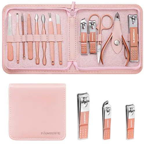 Vista 14 de FAMILIFE Kit de Uñas, Juego de Manicura Profesional Kit de Manicura Juego de Cortaúñas, 13 en 1 Juegos de Pedicura de Acero Inoxidable Herramienta