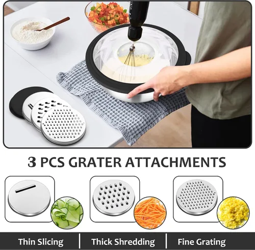 Vista 4 de E-far Colador con Juego de Tazón Mezclador, Coladores de Acero Inoxidable 4 en 1 con Ralladores para Cocina, Tazón Colador de Alimentos Giratorio