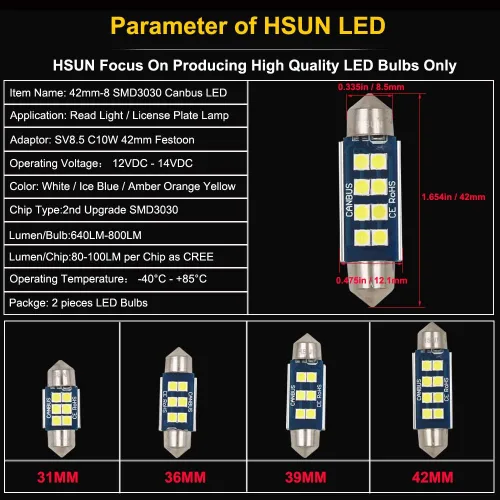 Vista 5 de HSUN Bombilla LED Festoon C5W de 1.65 pulgadas, 1.61 pulgadas, 6000 K, color blanco 6411 239 569 578 212-2 2112 212 212 214-2 con Canbus sin errores