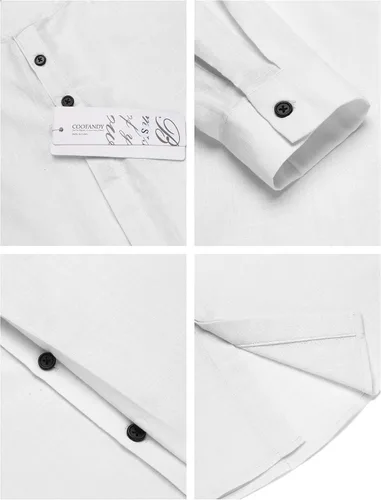Vista 5 de COOFANDY Camisa de vestir de lino y algodón con botones para hombre manga larga casual para la playa