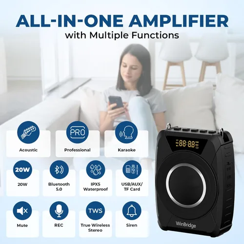 Vista 6 de Micrófono inalámbrico amplificador de voz, sistema PA portátil de 20 W con micrófono Bluetooth y auriculares, micrófono portátil impermeable