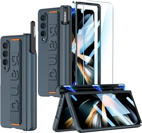 Vista 5 de Funda para Samsung Galaxy Z Fold 4 con correa para la muñeca, protector de pantalla y ranura para S Pen, bisagra magnética protectora ultradelgada a