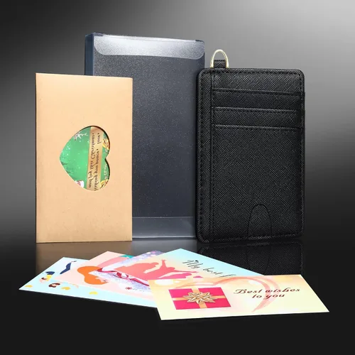 Vista 8 de Badiya Tarjetero delgado minimalista para tarjetas de crédito, bolsillo frontal con bloqueo RFID, estuche compacto para tarjetas con ventana