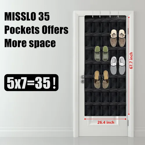 Vista 3 de Organizador de zapatos sobre la puerta de 35 bolsillos, zapatero colgante plegable negro para puerta con ganchos de metal, instalación sin taladros