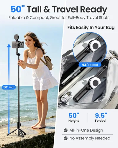 Vista 4 de UBeesize Trípode magnético para selfie stick con luz regulable y control remoto recargable, soporte de trípode portátil de viaje para teléfonos