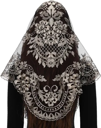 Vista 18 de Bozidol Velos de Mantilla de Capilla Católica en Triángulo - Bufanda Corta de Embroidería de Camelia para Misa Latina, Velo de Iglesia de Encaje