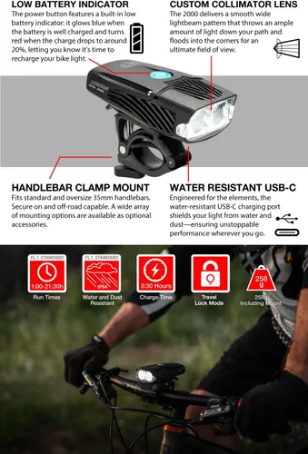 Vista 4 de NiteRider Lumina Dual 2000 Lumen USB-C recargable dual LED luz delantera para bicicleta – 7 modos potentes lúmenes IP64 impermeable faro