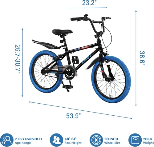 Vista 2 de Bicicleta infantil de 20 pulgadas estilo BMX, bicicletas para niñas y niños de 8 a 12 años, bicicleta de una sola velocidad para niños y niñas