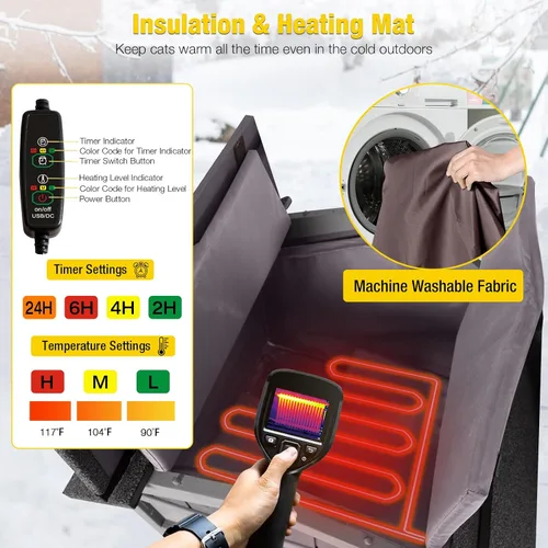 Vista 3 de Aivituvin Casa para gatos climatizada para gatos exteriores, resistente a la intemperie y aislada, casa para gatos con alfombrilla térmica, refugio