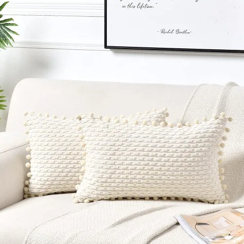 Vista 17 de Fancy Homi - Juego de 2 fundas de cojín decorativas crema blanco de 40 x 40 cm con pompones para sofá cama, decoración de hogar moderna, rústica