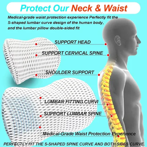 Vista 7 de Almohada de apoyo lumbar y almohada para el cuello del automóvil, almohada lumbar de espuma viscoelástica para aliviar el dolor de espalda baja