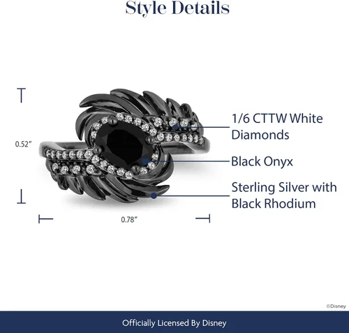 Vista 4 de Jewelili Enchanted Disney Fine Jewelry Anillo de plata de ley con rodio negro de 16 quilates de diamante y alas de maléfica de ónix, Metal, Diamante
