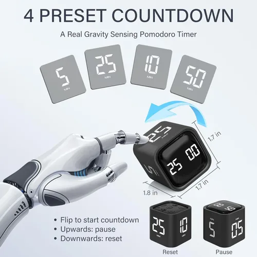 Vista 2 de Temporizador giratorio Pomodoro de 5, 25, 10 50 minutos preestablecido, temporizador de productividad de escritorio con sensor Gra vity, cubo