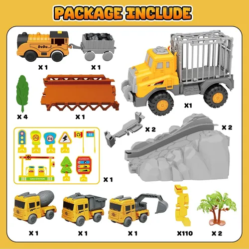 Vista 2 de Pistas de carreras de construcción para niños, 128 piezas de camión de construcción y juego de pista flexible, juguetes de ingeniería, regalos