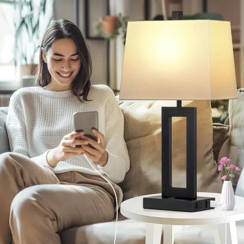 Vista 4 de Cinkeda Juego de 2 lámparas de mesa con puertos USB C+A y salida de CA, lámparas de noche, lámparas modernas para dormitorio, lámparas negras