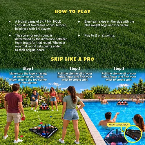 Vista 4 de SKIP NN' HOLE Original Fun Stonne Skipping Meets Pool Cornhole Game Floating for All Ages Fun Swimming Pool Game for Adults and Family Easy