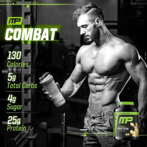 Vista 5 de MusclePharm Combat Protein Powder, sabor crema de plátano, alimenta los músculos para entrenamientos productivos, 5 fuentes de proteína incluyendo