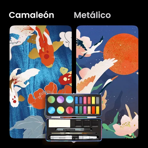 Vista 5 de ARTISTRO Juego de 18 pinturas de acuarela metálicas, juego de paleta que incluye 12 acuarelas metálicas con purpurina y 6 colores camaleón. Juego