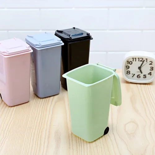 Vista 3 de TOYMYTOY Juego de 4 cubos de basura de escritorio con tapa, organizador de basura de escritorio, contenedor de almacenamiento, bolígrafos, lápices