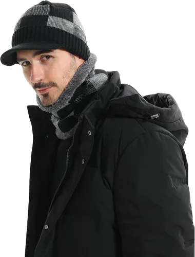 Vista 6 de HH HOFNEN Conjunto de bufanda de invierno para hombres y mujeres, visera de punto, cálido, grueso, forro polar, calentador de cuello para exteriores