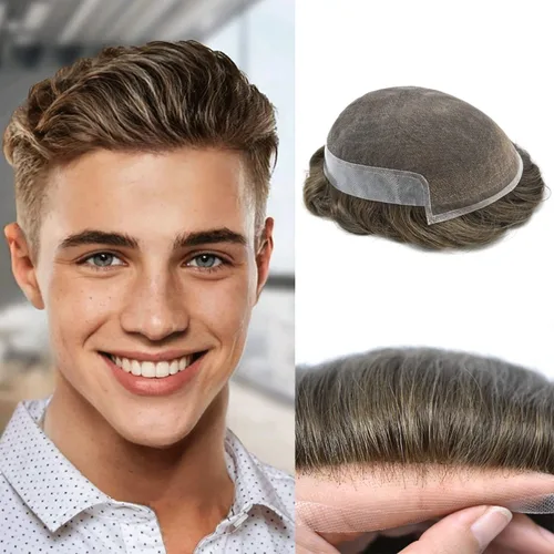 Vista 8 de Toupee para hombres sistemas de reemplazo de piel sintética con encaje suizo para hombre, nudos blanqueados, línea capilar natural para hombres