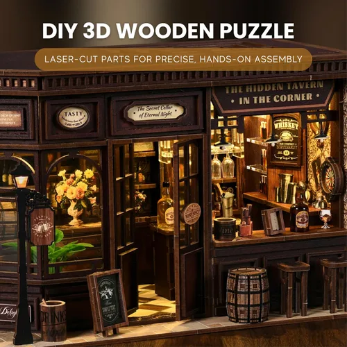Vista 4 de Kit de rincón de libro de bricolaje con luz LED rompecabezas de madera 3D (taberna de esquina)