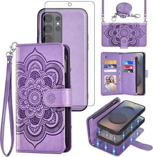 Vista 18 de Asuwish Funda de teléfono para Samsung Galaxy S26 5G con cremallera, magnética, desmontable, con protector de pantalla de vidrio templado, correa