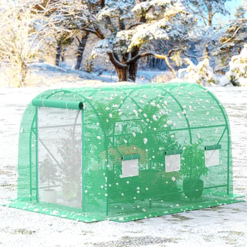 Vista 2 de Grezone Invernadero para exteriores, casa verde para invierno al aire libre, resistente, con puertas de pantalla con doble cremallera y 6 ventanas