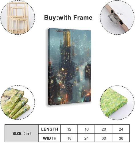 Vista 2 de Retro Futurism Cityscape Print – Neon Sci-Fi Wall Decor – Cyber Steampunk Poster for Gamers & Collectors Canvas Poster Wall Art Decor Print Picture