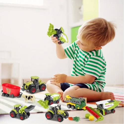 Vista 6 de Oriate Juguetes de granja para niños, juego de vehículos tractores realistas, juego de autos fundidos a presión, mini animales de granja educativos