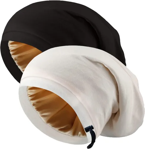 Vista 10 de 2 gorros de seda ajustables para dormir, gorro de dormir con forro de satén para mujeres y hombres, gorro de seda para el cabello holgado.