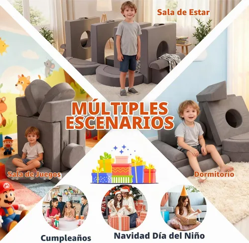 Vista 7 de Fvkind Sofá modular de juego para niños, 16 piezas, sofá de construcción para sala de juegos y dormitorio, sofá modular de juegos para niños y gris