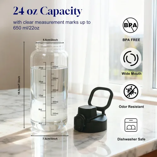 Vista 4 de Neodaco Botella agitadora de vidrio de 24 onzas, botella agitadora sin olor con bola de acero inoxidable 304 y cepillo de limpieza extraíble