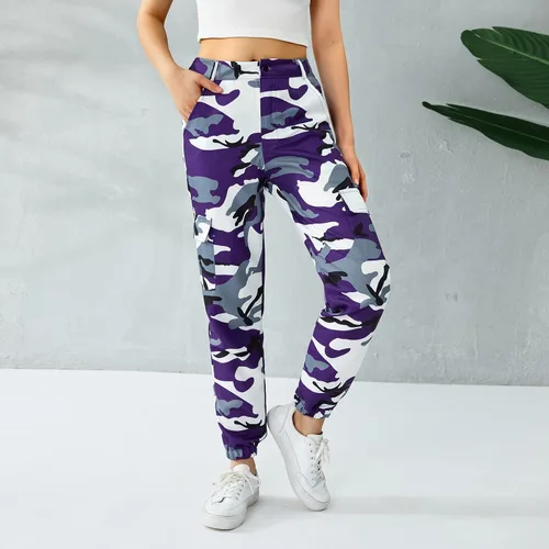 Vista 3 de Nituyy Pantalones cargo de camuflaje para mujer, pantalones de camuflaje de cintura alta, ajustados, pantalones deportivos holgados con bolsillo