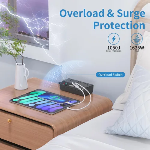 Vista 4 de JXGUCAT - Regleta de alimentación con abrazadera de escritorio de 10 pies con PD de 20 W de carga rápida USB C, protector de sobretensiones de Negro