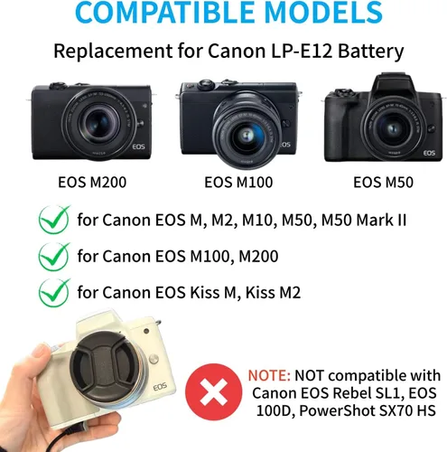 Vista 2 de Kimaru Batería ficticia LP-E12 ACK-E12 Adaptador de corriente de CA DR-E12 Kit de acoplador de CC para cámaras Canon EOS M50 Mark II, M50, M200