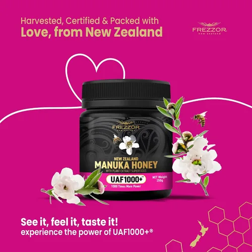 Vista 3 de FREZZOR Miel de Manuka cruda prémium de Nueva Zelanda con UAF1000+ Perfect Daily Wellness Ritual, Superfood, 4 frascos (8.8 oz/250 g por frasco)