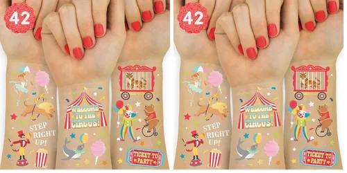 Vista 7 de xo, Fetti Tatuajes temporales para fiesta de circo – 42 estilos de lámina dorada y plateada Suministros para fiesta de cumpleaños de circo