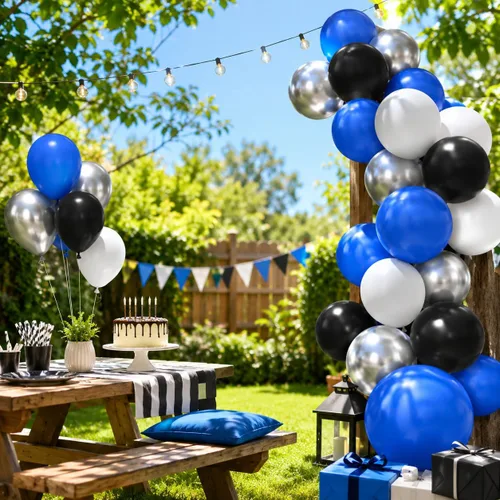Vista 4 de Globos azules y negros, 35 unidades, globos de látex azul oscuro, negro y plateado con confeti plateado para cumpleaños, baby shower, bodas